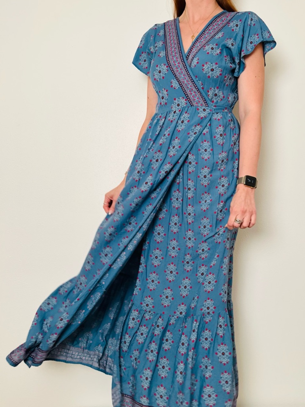 Natural Life Boho Floral Wrap Maxi Dress Flutter Sleeve Blue Red Cotton Boho